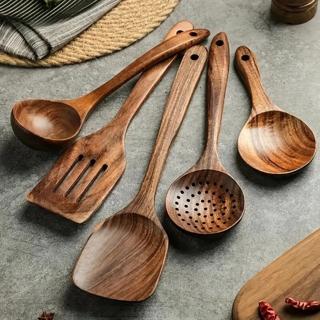 Juego de Utensilios de Cocina de Madera - Diseño Rústico para Cocineros Caseros