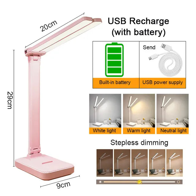 Lámpara de escritorio LED regulable plegable, doble cara, USB/batería