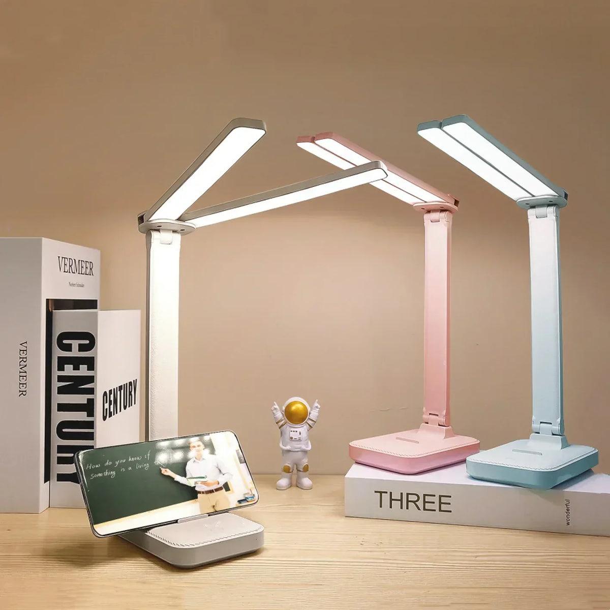 Lámpara de escritorio LED regulable plegable, doble cara, USB/batería