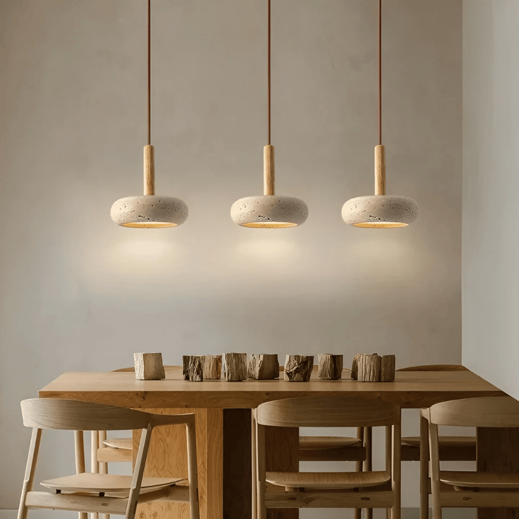 TRANQUILHALO – Lámpara de techo retro LED de madera y piedra para un ambiente tranquilo