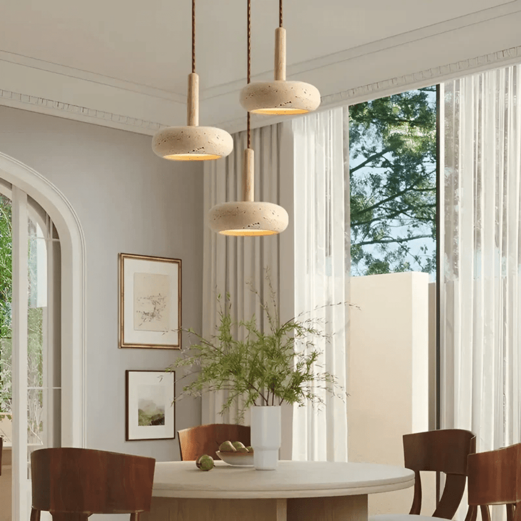 TRANQUILHALO – Lámpara de techo retro LED de madera y piedra para un ambiente tranquilo