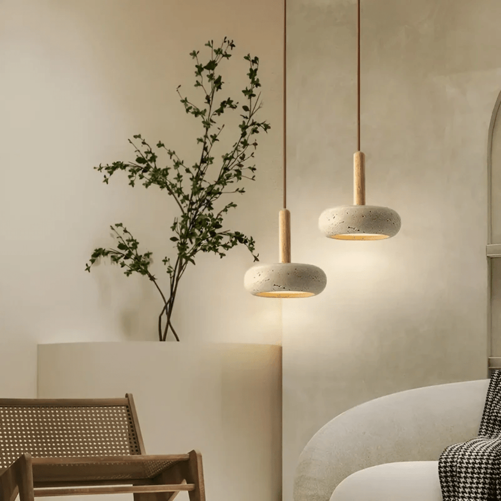 TRANQUILHALO – Lámpara de techo retro LED de madera y piedra para un ambiente tranquilo