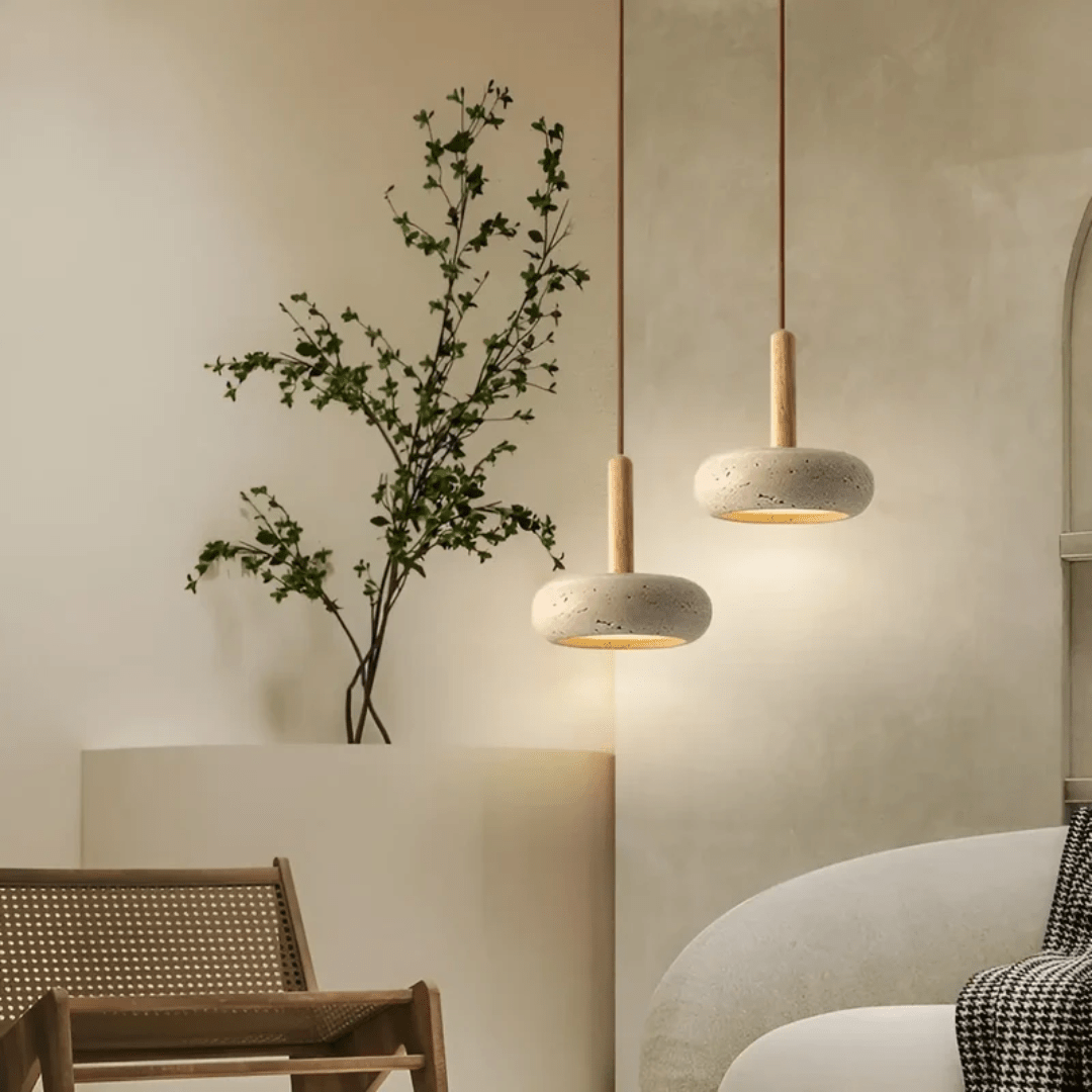 TRANQUILHALO – Lámpara de techo retro LED de madera y piedra para un ambiente tranquilo