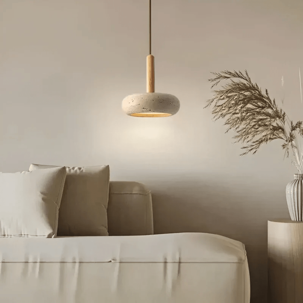 TRANQUILHALO – Lámpara de techo retro LED de madera y piedra para un ambiente tranquilo