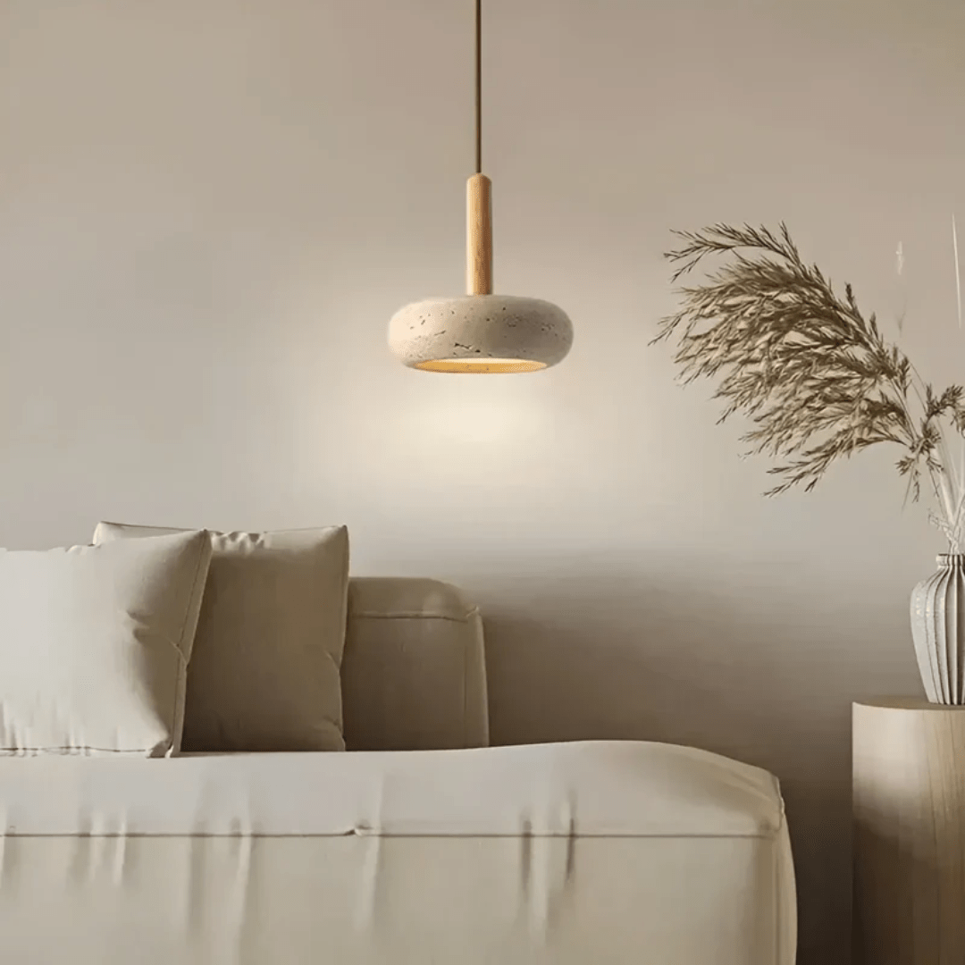 TRANQUILHALO – Lámpara de techo retro LED de madera y piedra para un ambiente tranquilo
