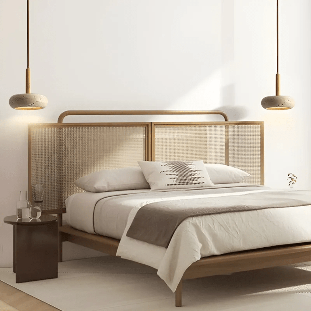 TRANQUILHALO – Lámpara de techo retro LED de madera y piedra para un ambiente tranquilo
