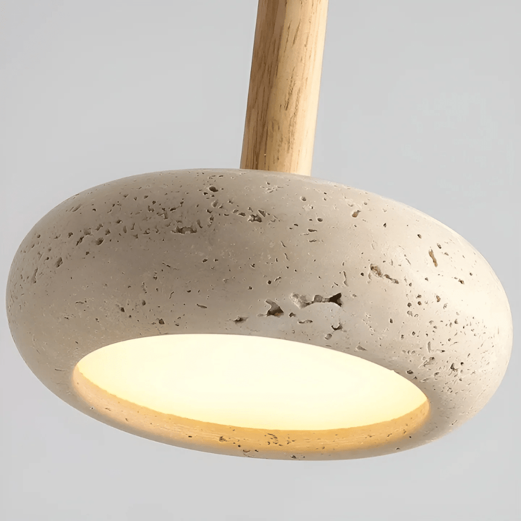 TRANQUILHALO – Lámpara de techo retro LED de madera y piedra para un ambiente tranquilo