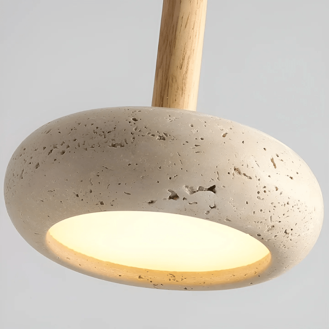 TRANQUILHALO – Lámpara de techo retro LED de madera y piedra para un ambiente tranquilo