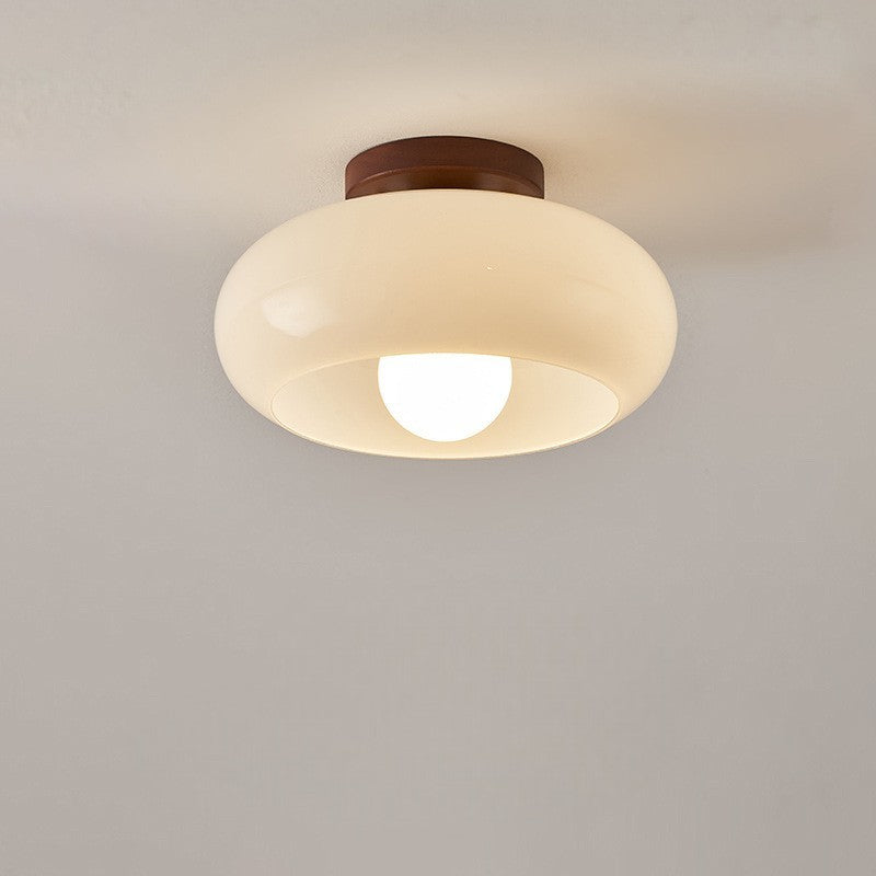 Lámpara de techo con cálida luz y acento de madera – pantalla de vidrio opalino en estilo Bauhaus para dormitorio y salón