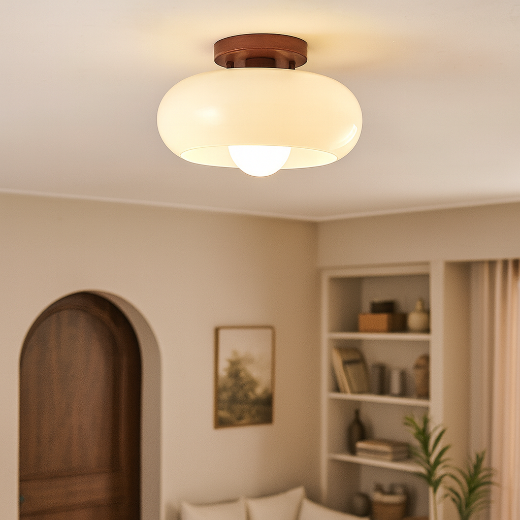 Lámpara de techo con cálida luz y acento de madera – pantalla de vidrio opalino en estilo Bauhaus para dormitorio y salón