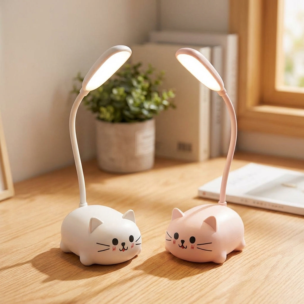 Lámpara de Escritorio LED con Cuello Ajustable – Diseño Compacto de Gato en Azul, Rosa, Blanco y Verde