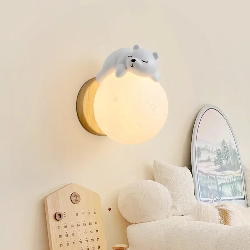 Lámpara de luna para habitación infantil – Lámpara de pared de madera con figura de oso