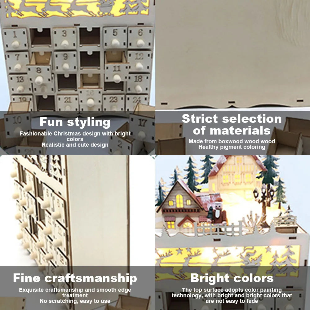 Calendario de Adviento de Madera LumiFest – 24 Compartimentos con Luz LED Cálida y Ambiente Navideño