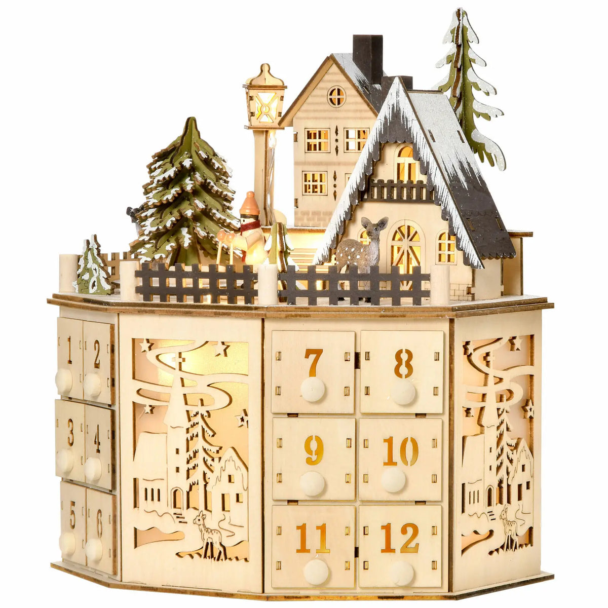 Calendario de Adviento de Madera LumiFest – 24 Compartimentos con Luz LED Cálida y Ambiente Navideño