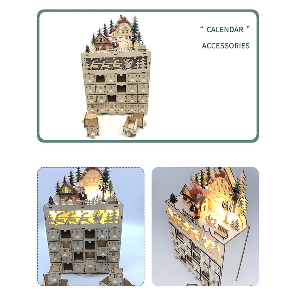 Calendario de Adviento de Madera LumiFest – 24 Compartimentos con Luz LED Cálida y Ambiente Navideño