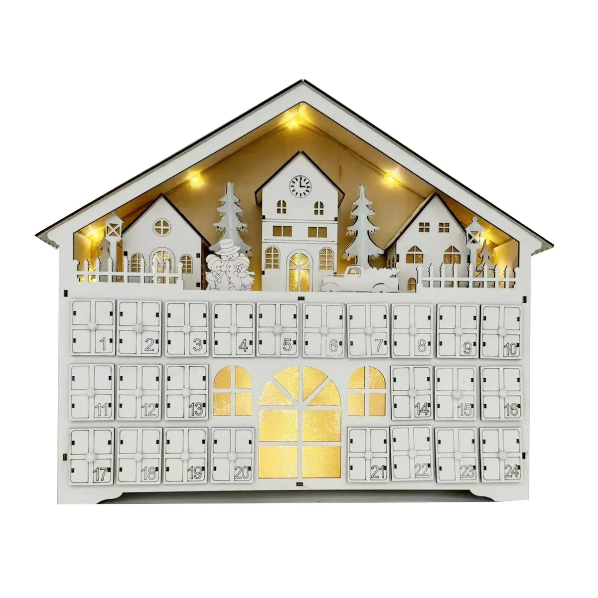 Calendario de Adviento de Madera LumiFest – 24 Compartimentos con Luz LED Cálida y Ambiente Navideño