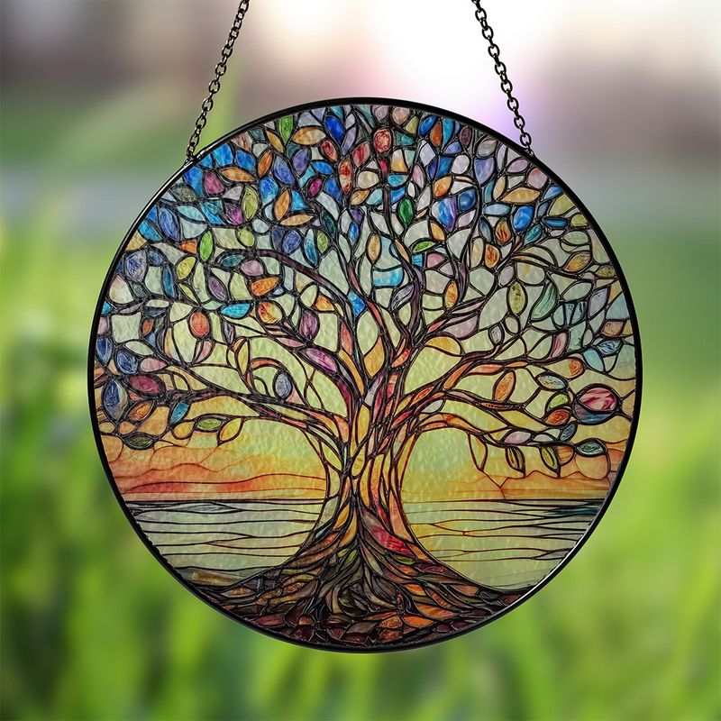 Atrapa Sol Vida Árbol Hecho a Mano Vidrio de Plomo