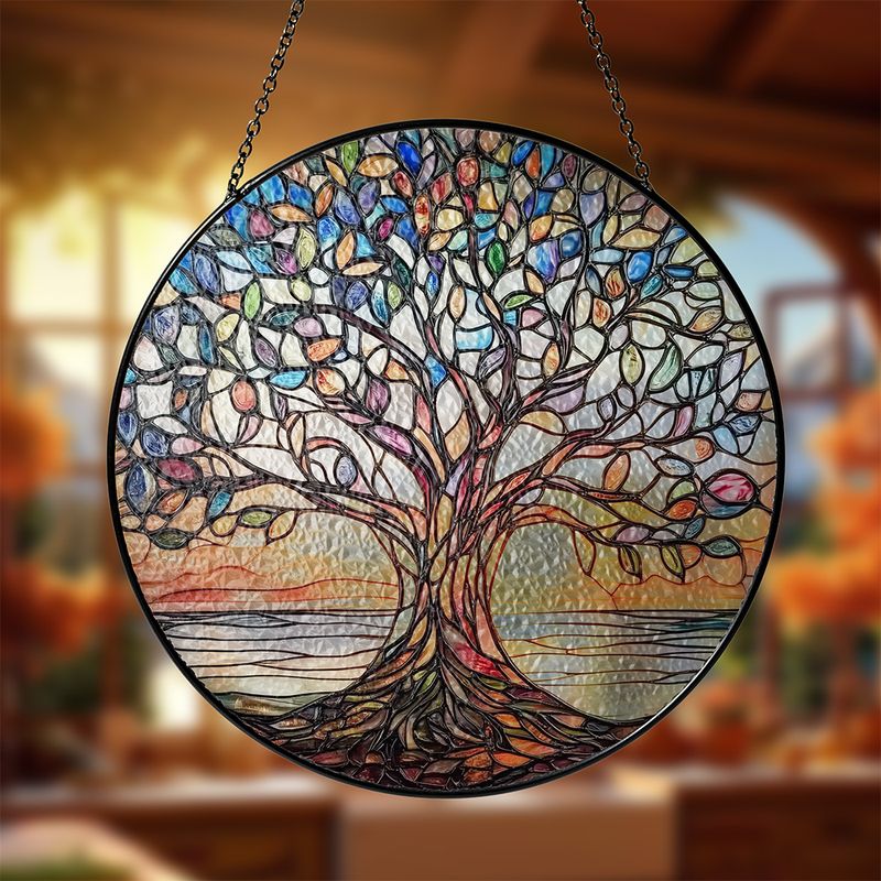 Atrapa Sol Vida Árbol Hecho a Mano Vidrio de Plomo