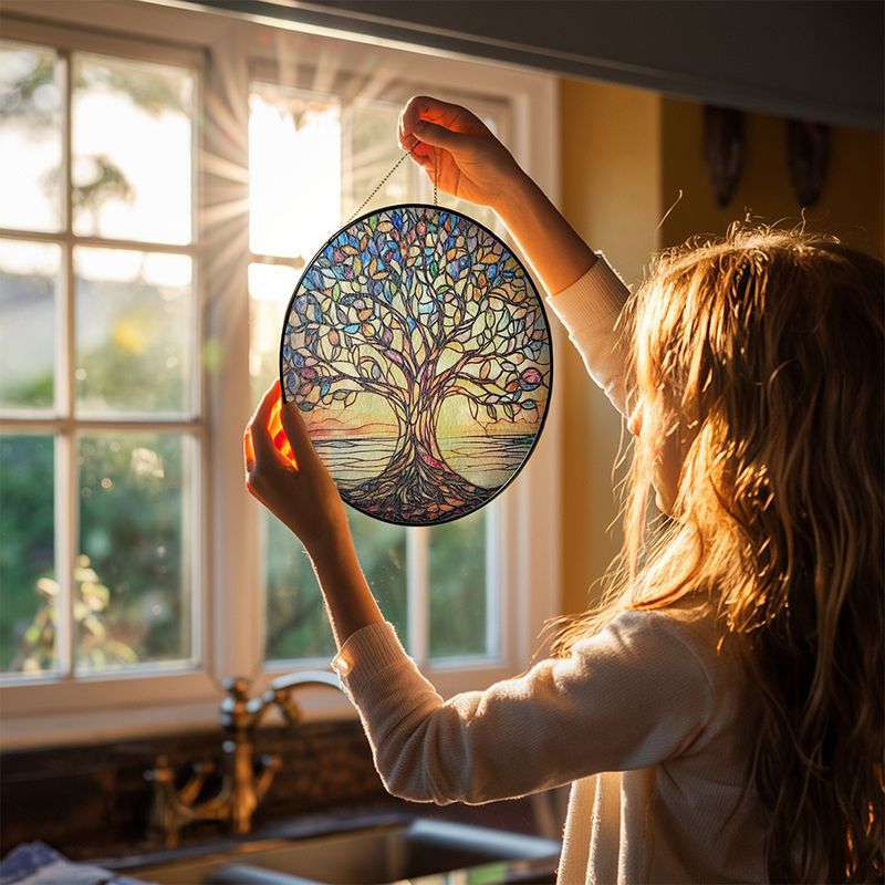 Atrapa Sol Vida Árbol Hecho a Mano Vidrio de Plomo