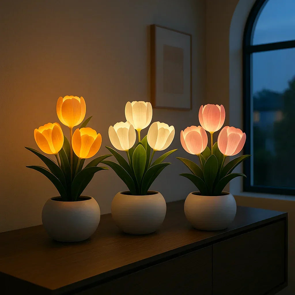 Lámpara LED Decorativa de Tulipanes con Luz Cálida y Iluminación Regulable