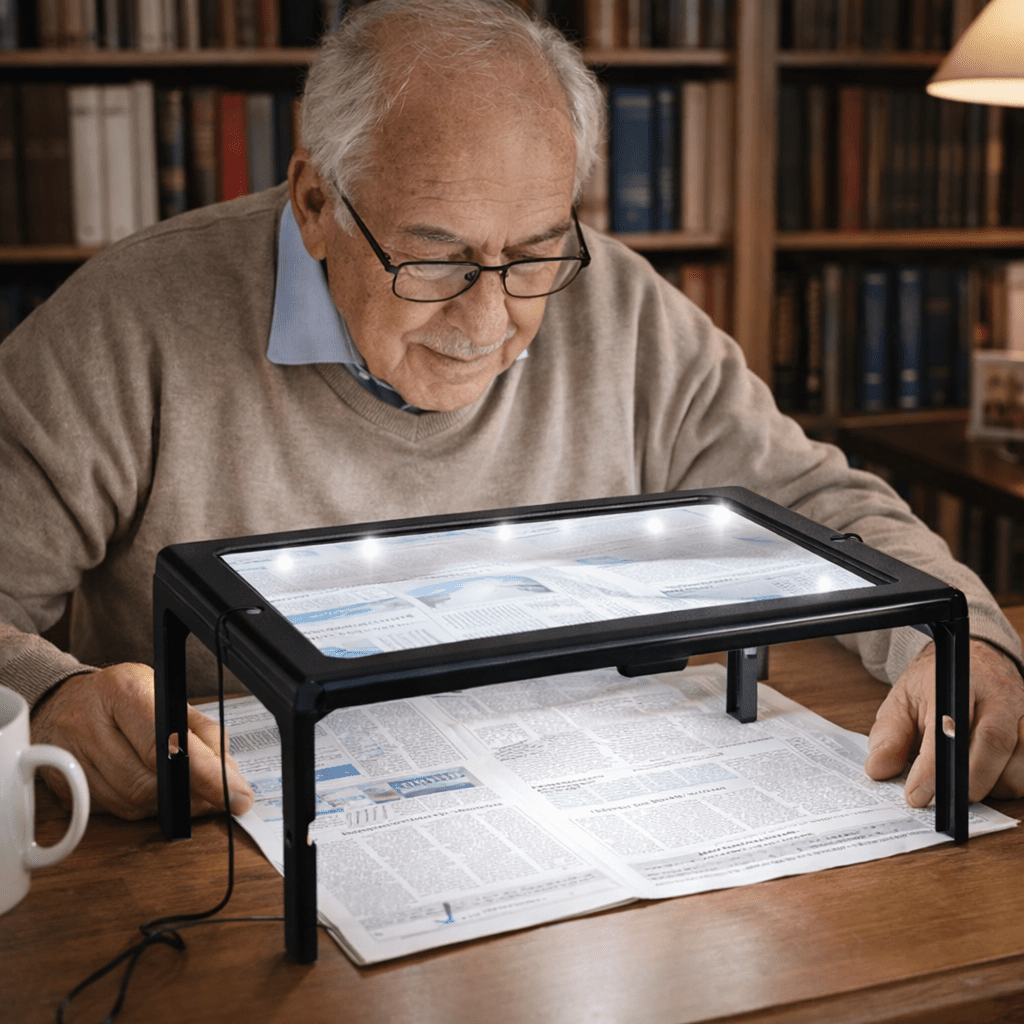 TEXTDESK – Loupe de table pliable 3x avec éclairage LED pour lecture sans les mains