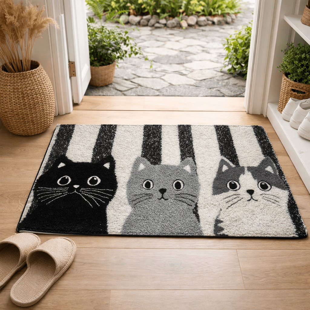 MIAUMAT – Felpudo de Gato de Caricatura a Rayas para Interiores y Exteriores