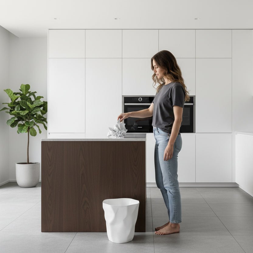 FORMHAUS – Cubo de basura minimalista y elegante con una forma irregular única