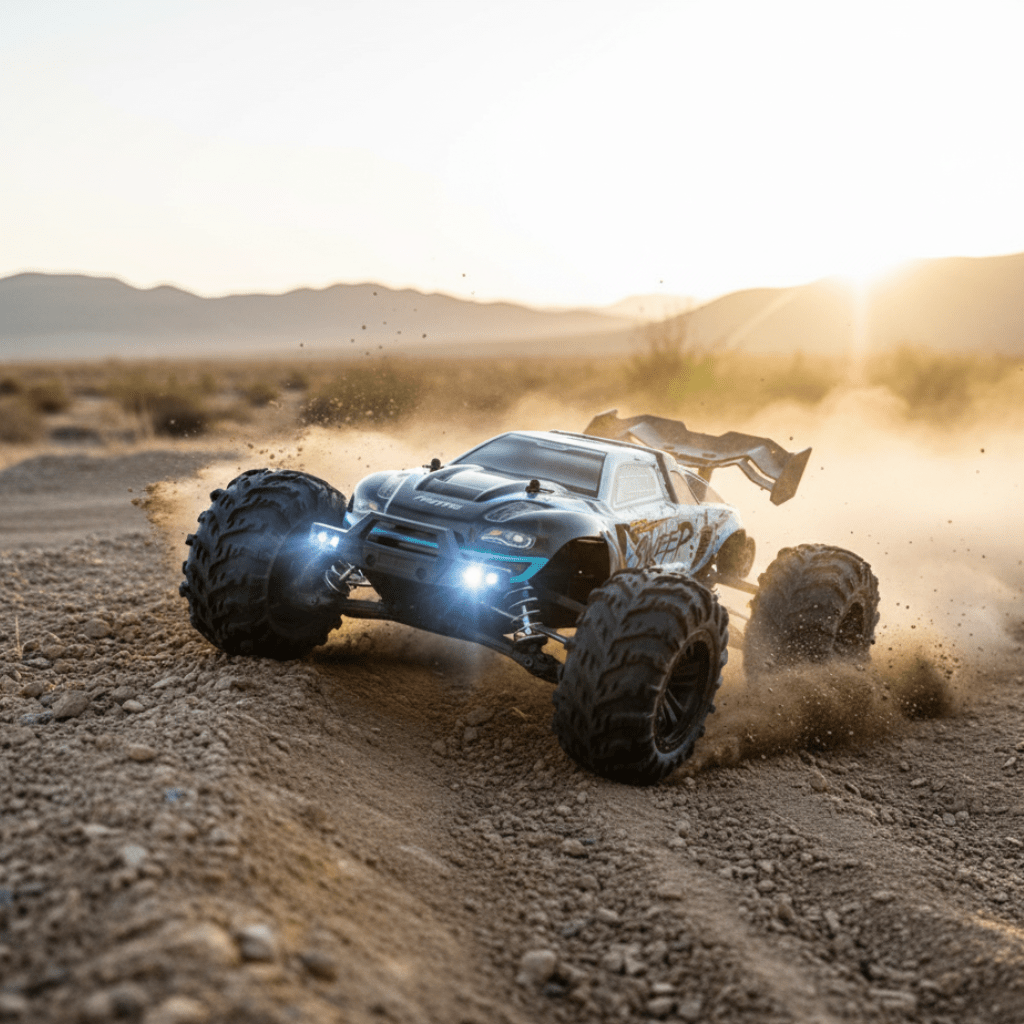 DUSTFORCE – Camión eléctrico 1:16 con tracción en las cuatro ruedas, faros LED y neumáticos de perfil