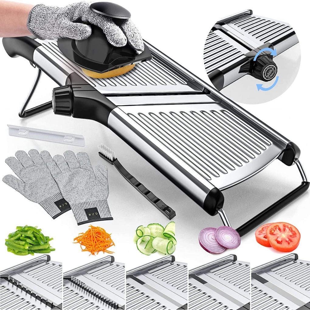 Mandolina con Grosor de Corte Ajustable – Cortador de Verduras de Acero Inoxidable con Guantes Resistentes a Cortes