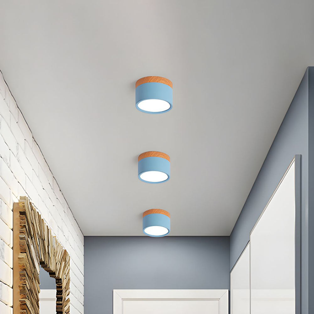 Luz de Techo Cilíndrica Moderna Montada en Superficie de Aluminio y Madera
