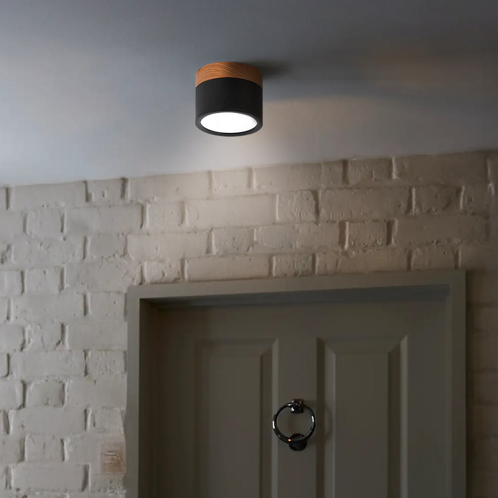 Luz de Techo Cilíndrica Moderna Montada en Superficie de Aluminio y Madera