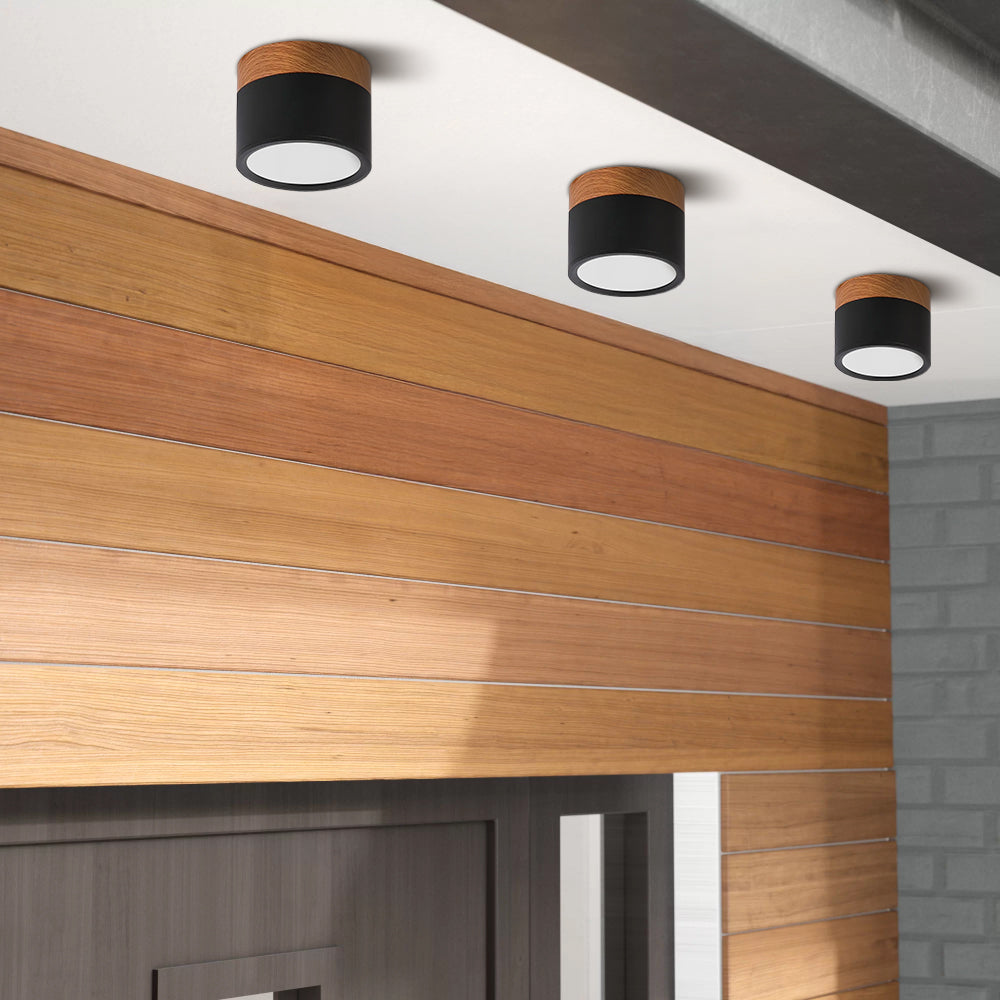 Luz de Techo Cilíndrica Moderna Montada en Superficie de Aluminio y Madera