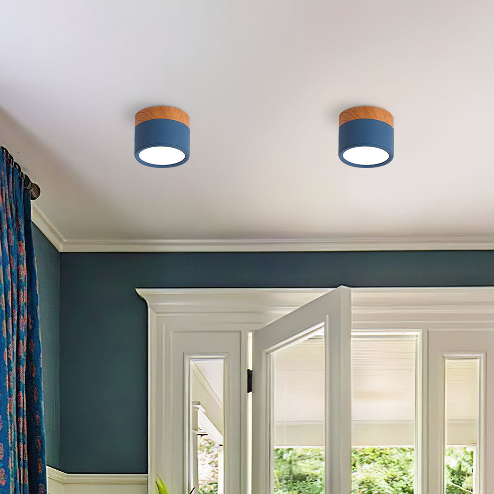 Luz de Techo Cilíndrica Moderna Montada en Superficie de Aluminio y Madera