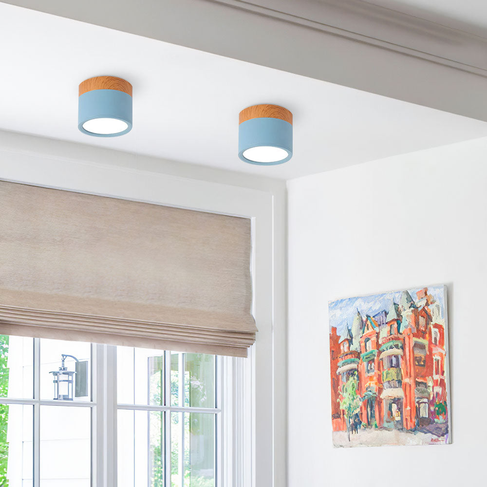 Luz de Techo Cilíndrica Moderna Montada en Superficie de Aluminio y Madera