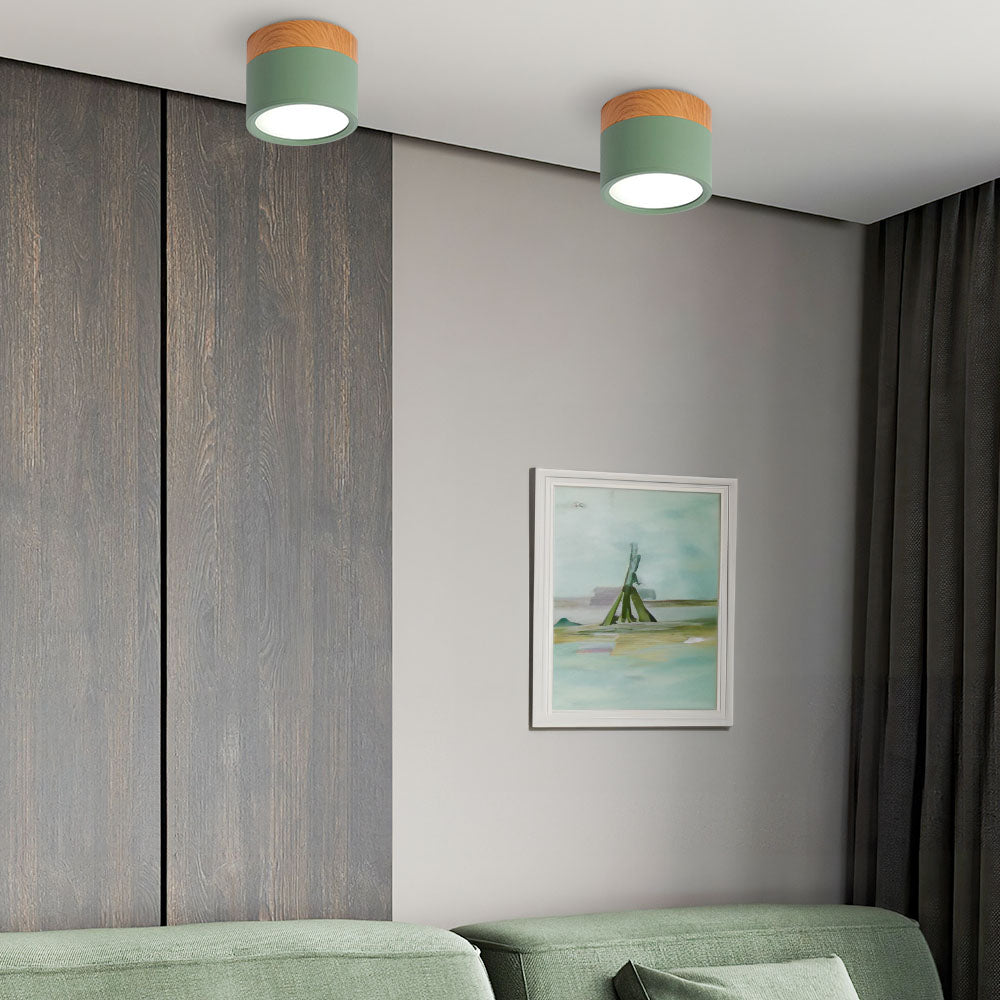 Luz de Techo Cilíndrica Moderna Montada en Superficie de Aluminio y Madera
