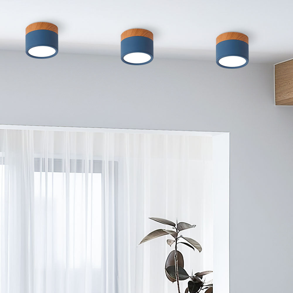 Luz de Techo Cilíndrica Moderna Montada en Superficie de Aluminio y Madera