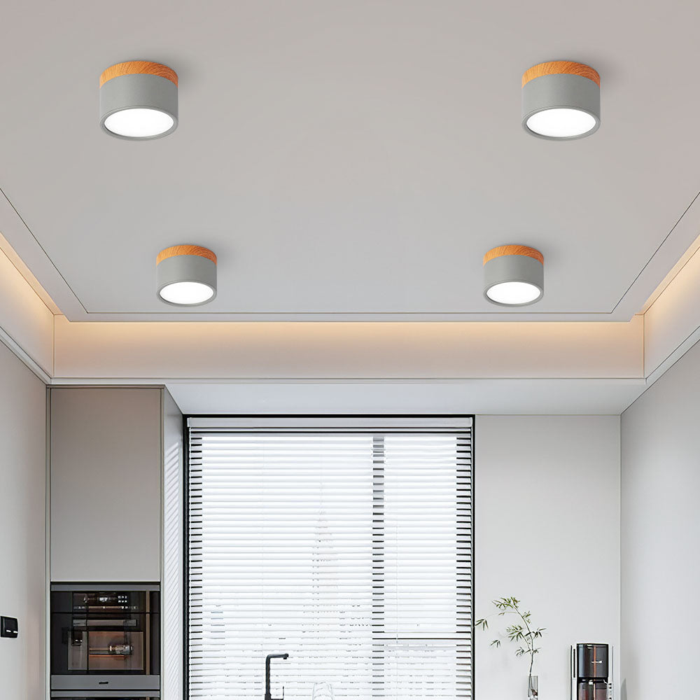 Luz de Techo Cilíndrica Moderna Montada en Superficie de Aluminio y Madera