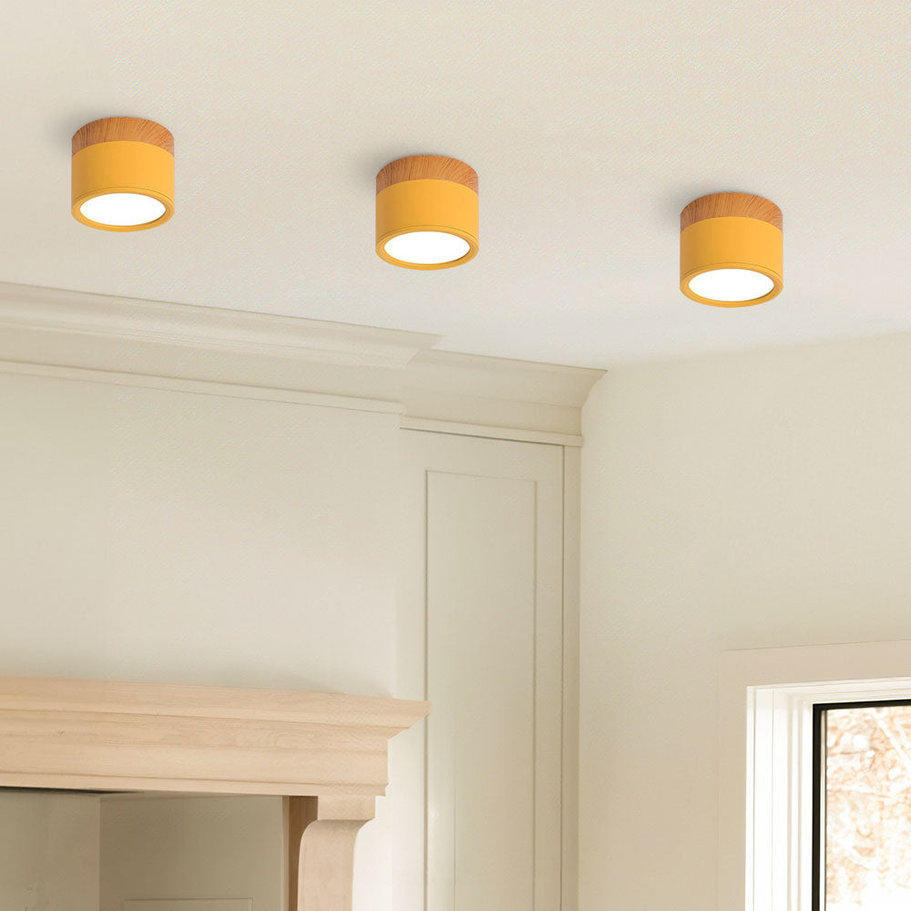 Luz de Techo Cilíndrica Moderna Montada en Superficie de Aluminio y Madera