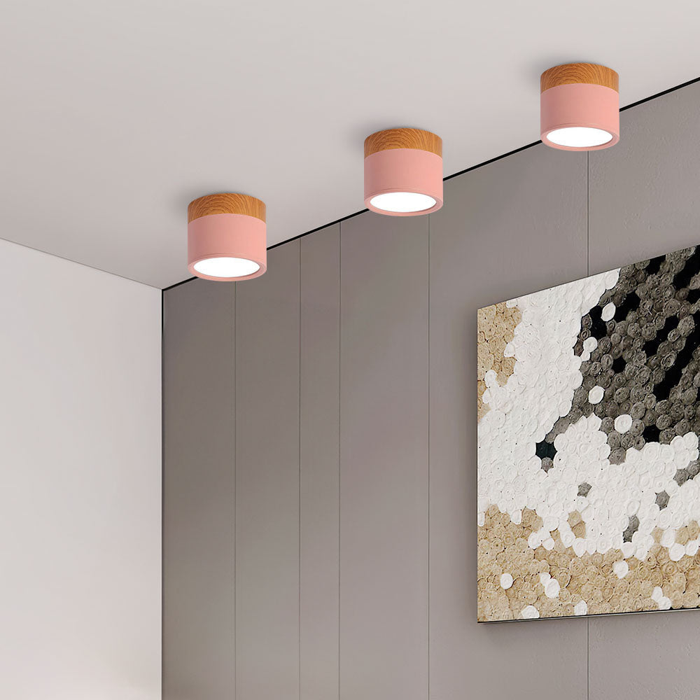 Luz de Techo Cilíndrica Moderna Montada en Superficie de Aluminio y Madera