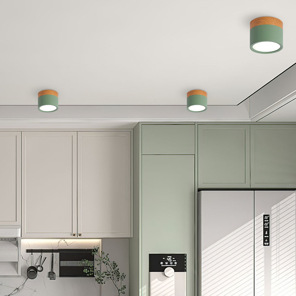 Luz de Techo Cilíndrica Moderna Montada en Superficie de Aluminio y Madera