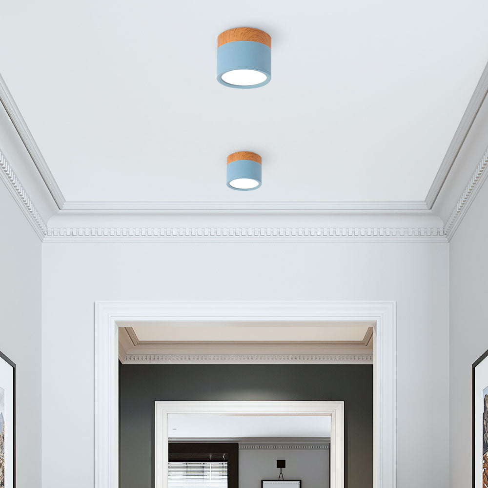Luz de Techo Cilíndrica Moderna Montada en Superficie de Aluminio y Madera