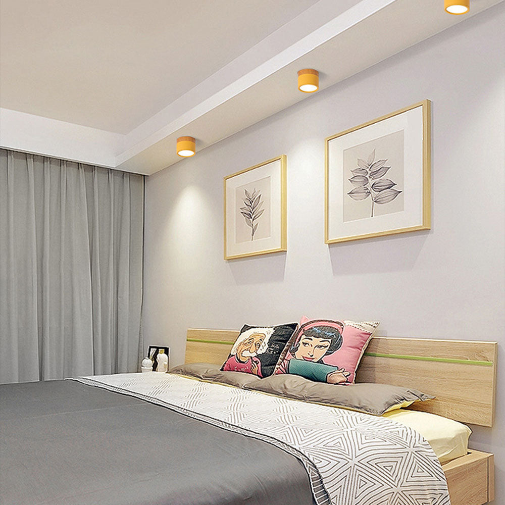 Luz de Techo Cilíndrica Moderna Montada en Superficie de Aluminio y Madera