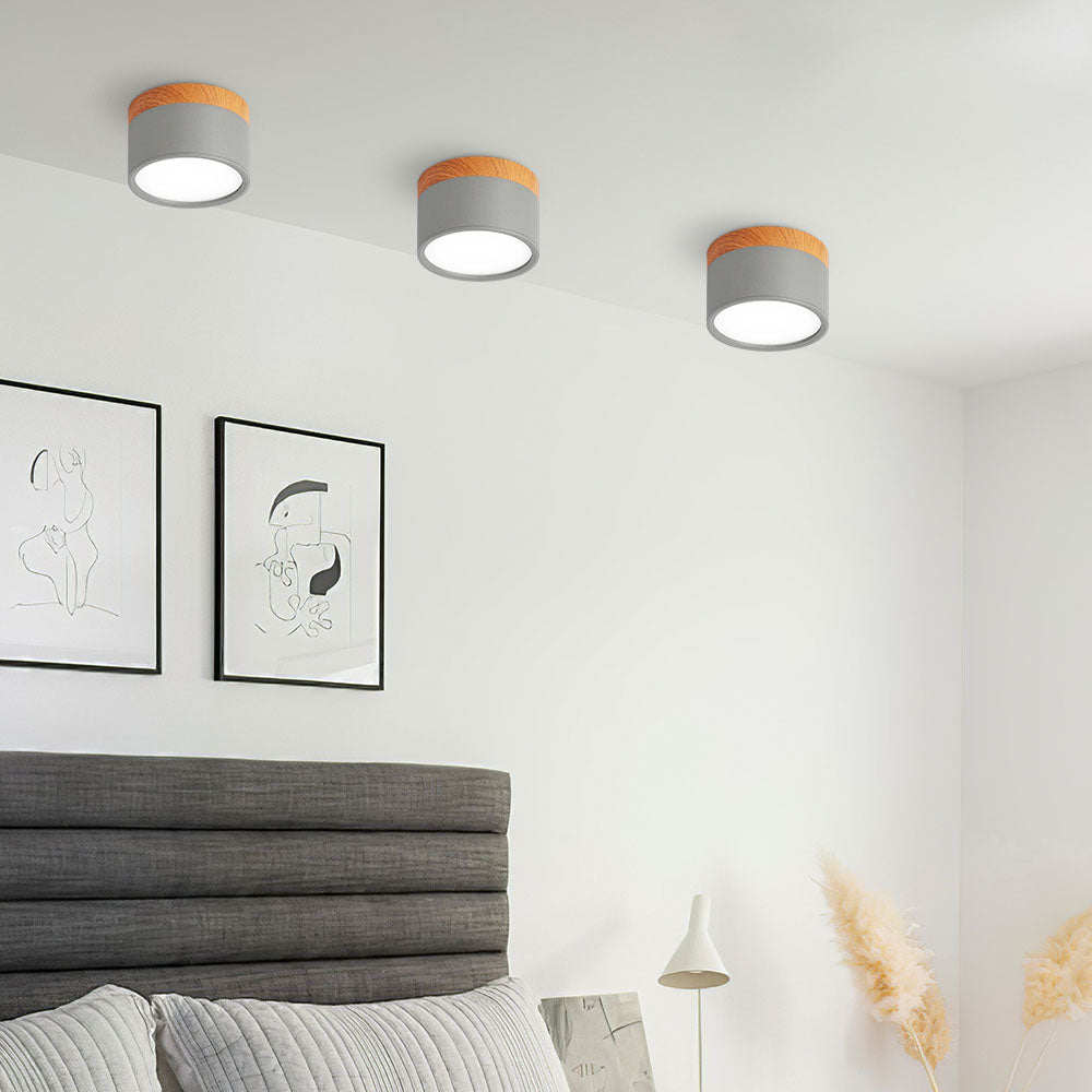 Luz de Techo Cilíndrica Moderna Montada en Superficie de Aluminio y Madera