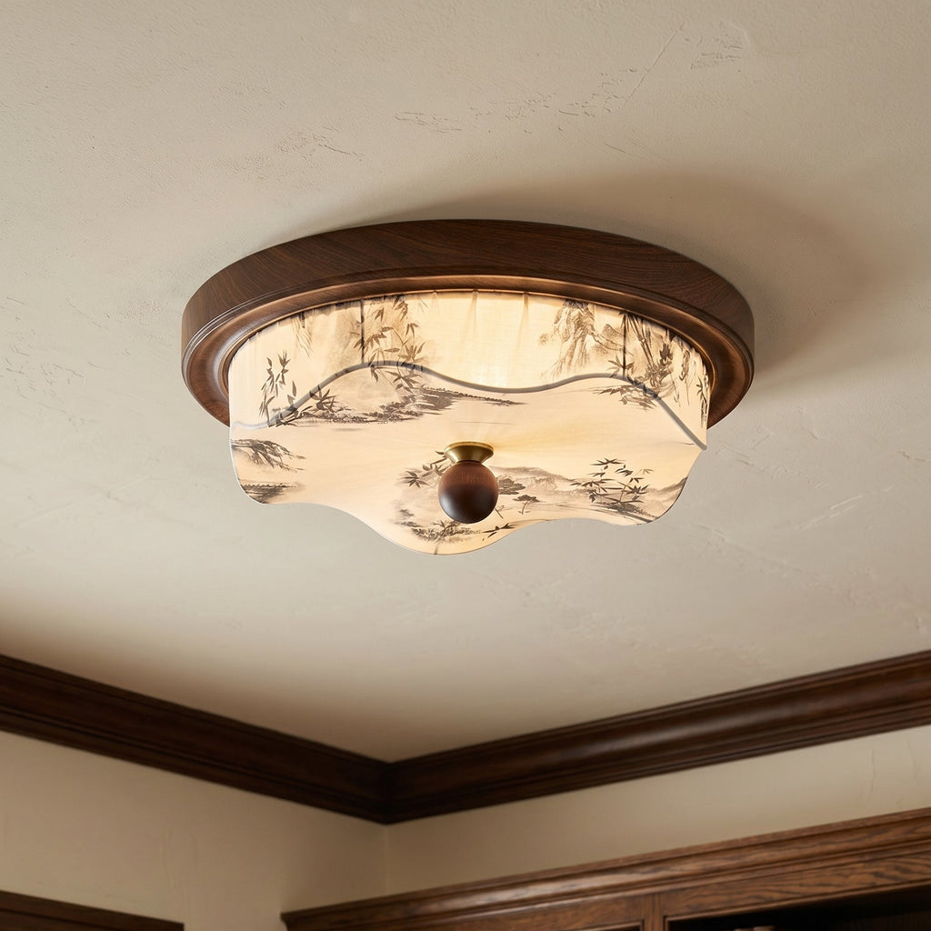 Lámpara de Techo de Madera con Pantalla de Tela y LED
