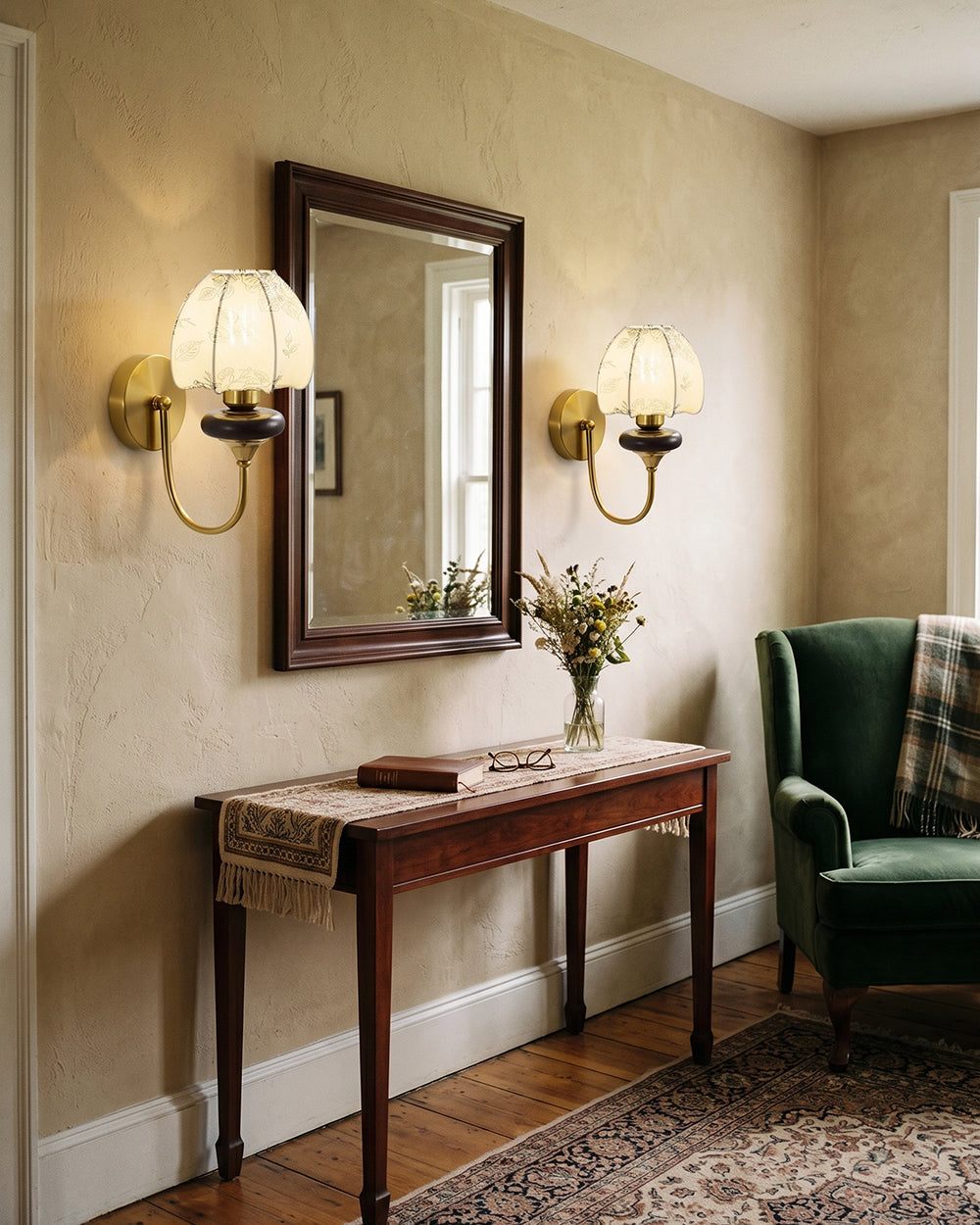 Aplique de pared con pantalla de tela madera metal