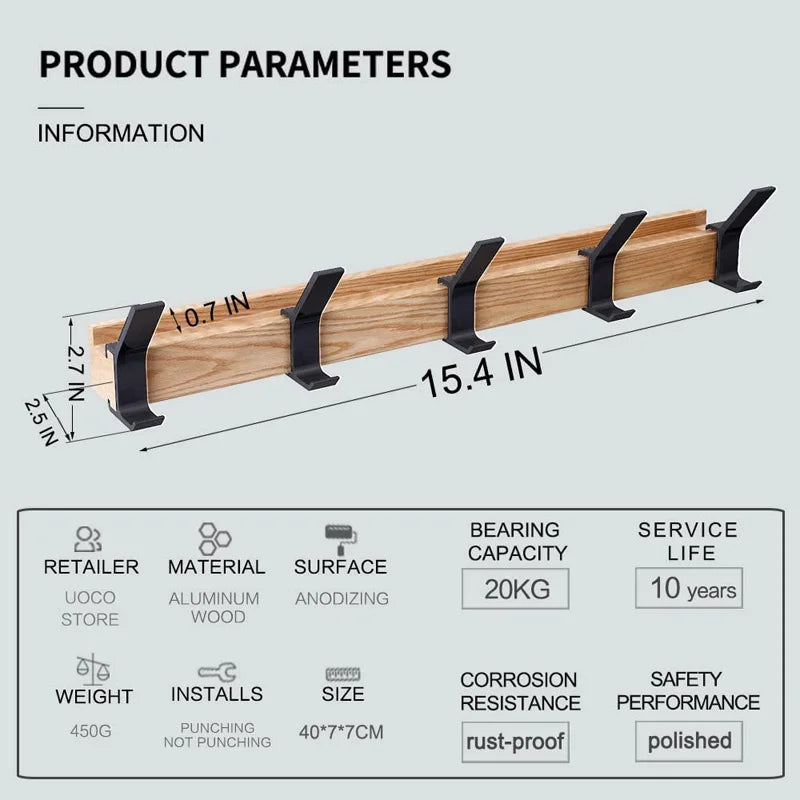 Perchero de pared Nordivo con ganchos dobles móviles | Diseño escandinavo | Madera y aluminio | Ahorra espacio y moderno
