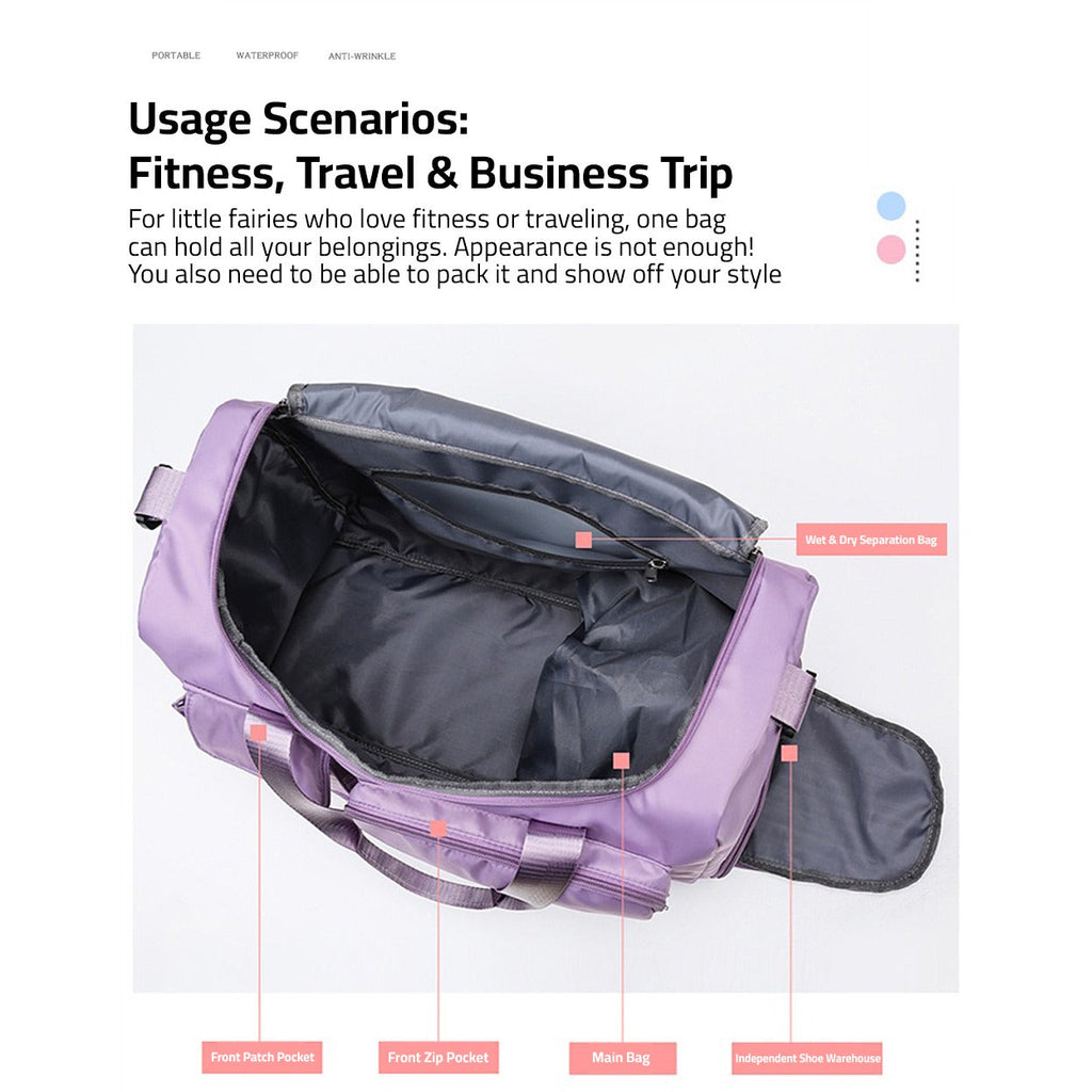 Bolsa de viaje multi-bolsillos, duffle deportiva y de gimnasio con compartimento separado para zapatos