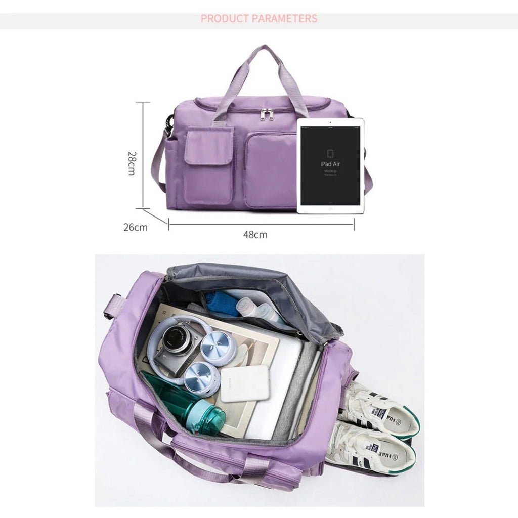Bolsa de viaje multi-bolsillos, duffle deportiva y de gimnasio con compartimento separado para zapatos