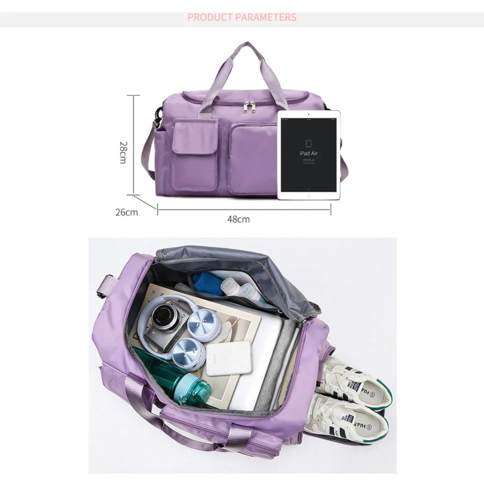 Bolsa de viaje multi-bolsillos, duffle deportiva y de gimnasio con compartimento separado para zapatos