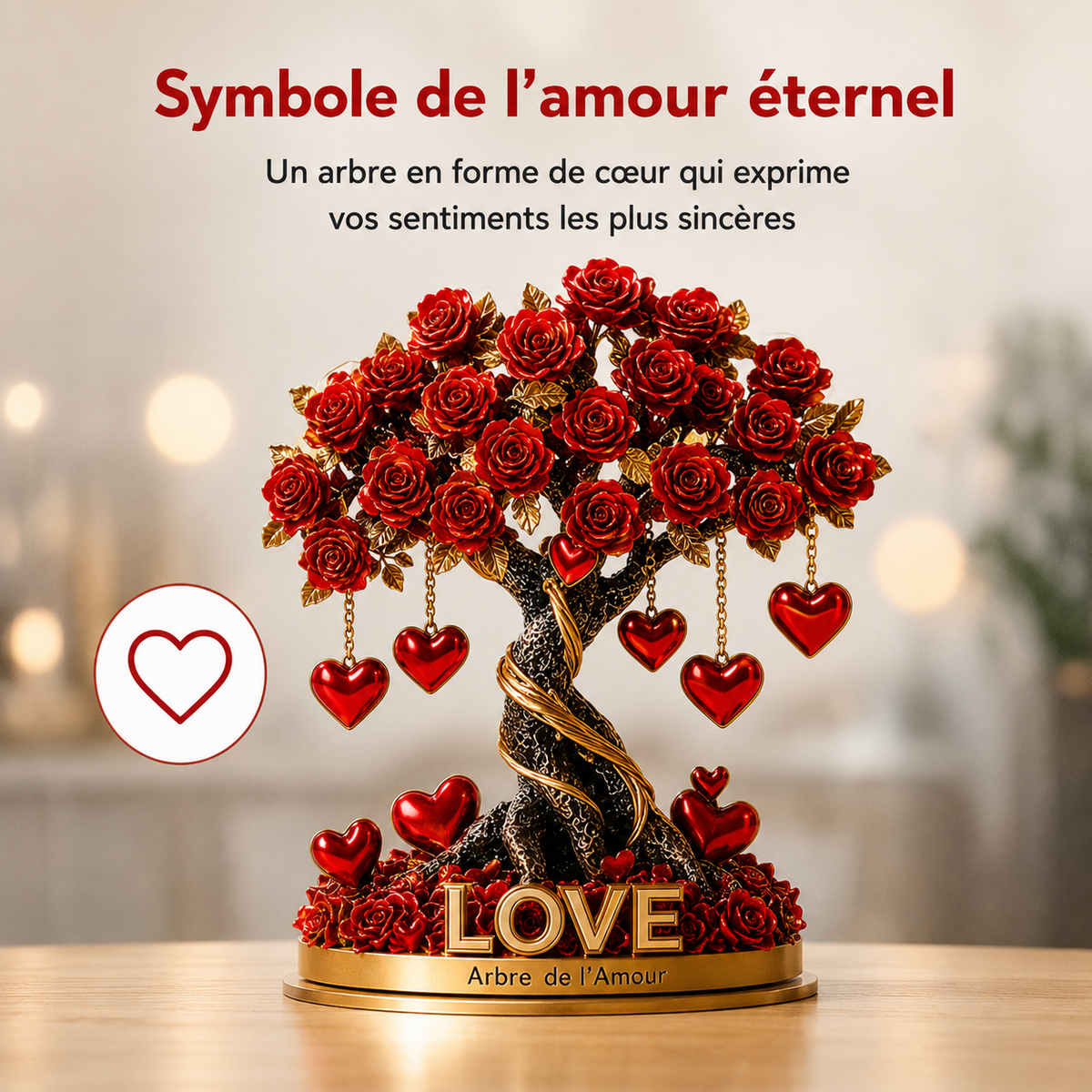 GEMA NOBLEHEART – Elegante árbol de rosas de cristal en forma de corazón con base dorada